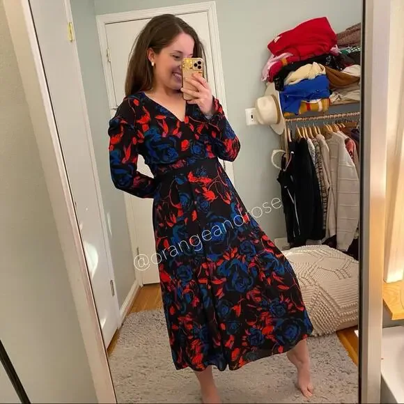 Hunter Bell New York Blue Red Black Floral V Neck Long Sleeve Maxi Dress Gown 2